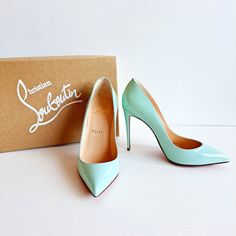 Brand New, Never Worn Designer Blue Heels For Office, Formal Blue Patent Leather Heels, Blue Patent Leather Heels With Reinforced Heel, Luxury Light Blue High Heels, Elegant Blue Patent Leather Heels, Green Christian Louboutin Heels, Blue Christian Louboutin Heels, Louboutin Heels, Patent Leather Pumps