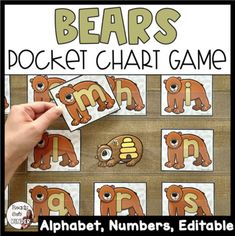 the bear's pocket chart game for alphabet, numbers, and letters is shown