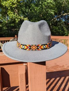 Adjustable Gray Wide Brim Hat Bands, Festival Beaded Fedora With Flat Brim, Adjustable Western Gray Hat Band, Adjustable Gray Western Hat Band, Casual Beaded Hat Bands For Festivals, Adjustable Beaded Hat Band For Festivals, Traditional Hat Bands For Festivals, One Size Fits Most, Artisan Beaded Hat Bands For Western-themed Events, Southwestern Blue Beaded Hat Band