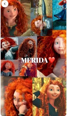 merida from the little mermaid movie is shown in this collage with her hair and makeup