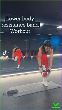 a woman is standing on a mat with her hands behind her head, and the words lower body resistance band workout