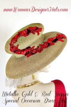 Metallic Gold Formal Designer Haute Couture Wide Brim Shaped Hat, With Red Sequin Pearl Beaded Floral Appliques. This Women's Hat Is Suited For Cocktail Parties, Weddings, Holidays, Formals, Church, The Kentucky Derby, And Special Occasions. Fashion Hat Is Suited For The Holidays, Church, Synagogue, Cocktail Black Tie Parties, Weddings And Formals. Women's Designer Hats Specializes In Custom Made Designer Hats For Women, Cocktail Hats, Church Hats, Hats For Formals, Dress Hats, Hats For Weddings Special Occasion Hats, Mother Of The Bride Hats, Ladies Dress Hats, Bespoke Hats, Large Brim Hat, Occasion Hats, Black Tie Party, Couture Hats, Bridal Hat