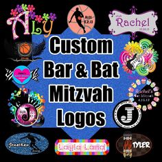 the custom bar and bat mitzvah logos are displayed on a black background with colorful graphics