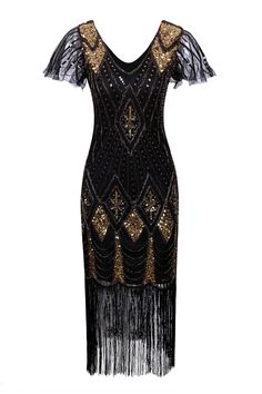 Zapaka Women's Black and Gold V-neck Sequins Glitter Fringe Vintage 1920s Flapper Dress – ZAPAKA Tvd Elijah, Great Gatsby Party Dress, Roaring 20s Dresses, Rumba Dresses, Gatsby Party Dress, Flapper 1920s, Dress And Gloves, Great Gatsby Dresses, 1920s Dresses