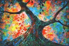 a painting of a tree with colorful leaves