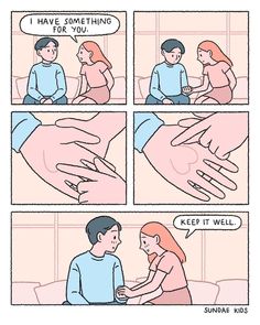 a comic strip with an image of a man giving a woman something to her hand