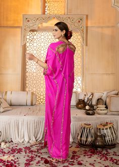 Hot pink pure rawsilk Kaftan all handworked with dabka, resham, zardozi and mirrorwork details (fully worked front and back) Pink Kaftan, Astoria Ny, Fashion Newsletter, Raw Silk, Design Studio, Hot Pink, Pure Products, Pink