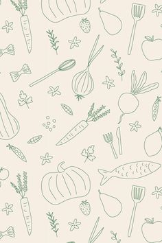 a bunch of vegetables and utensils are drawn on a white paper with green ink