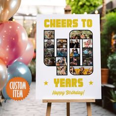 a sign that says cheers to 10 years happy birthday with balloons in the foreground