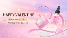 an advertisement for the happy valentine's day with pink and white items on it