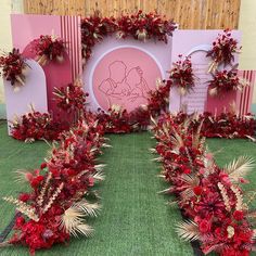 red flowers are arranged in the shape of hearts on pink and pink greetings cards