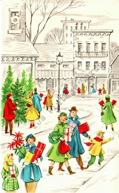 a drawing of people walking in the snow carrying gifts