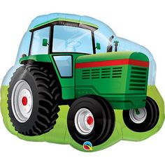 a green tractor shaped balloon on a white background