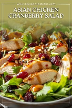 A refreshing and flavorful Asian-inspired salad with shredded chicken, dried cranberries, mixed greens, and a soy-ginger dressing. Perfect for a light, nutritious meal. Salad With Shredded Chicken, Chicken Cranberry Salad, Chicken Cranberry, Soy Ginger Dressing, Soy Ginger, Asian Inspired Salad, Chicken Fresh