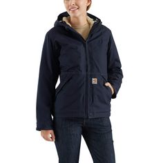 Designed with insights from the Carhartt Crew, this flame-resistant jacket for women is as tough as they come.Made for the toughest jobs, this women's jacket helps protect you from light rain, gas flames, and electrical arcs with water-repellent, flame-resistant duck that's lighter than our sandstone duck and every bit as durable. The insulated jacket features stretch panels on the back and elbows that give you plenty of room to move.Features8.5-ounce, 88% cotton / 12% nylon FR Quick Duck® canva Duck Jacket, Sherpa Lined Jacket, Carhartt Womens, Safety Clothing, Carhartt Women, Line Jackets, Sherpa Lined, Outerwear Women, Dark Navy