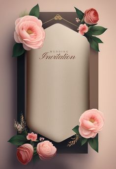 an elegant wedding card with pink flowers and greenery