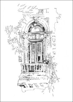 a black and white drawing of an old building