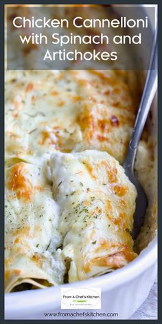 chicken cannelloni with spinach and artichokes in a casserole dish