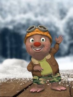 a cartoon character is standing on a wooden platform in the snow with his hands up