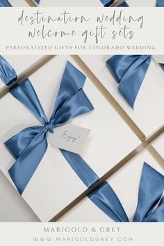 blue ribbon tied on white cards with the words destination wedding welcome gift sets