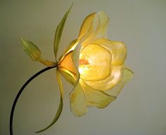 a light that is sitting on top of a table next to a vase with flowers in it