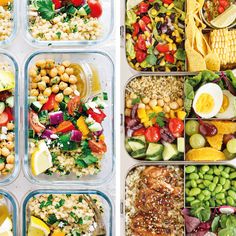 six plastic containers filled with different types of salads and vegetables, all containing eggs