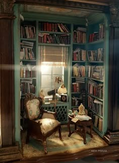 a room filled with lots of books and furniture