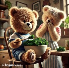 two teddy bears are eating broccoli from a bowl