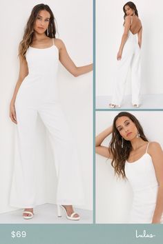 Keep the party going all night long in the Lulus Stay Out Later White Backless Wide-Leg Jumpsuit! Textured, medium-weight stretch knit shapes this alluring jumpsuit that falls from adjustable spaghetti straps into a scoop neckline and a princess-seamed bodice. High, fitted waist tops wide pant legs that fall to ankle-length hems. Open-back design creates a sexy finishing touch! Hidden back zipper/clasp. Fit: This garment fits true to size. Length: Floor length. Size medium measures 60" from adju Elegant Spaghetti Strap Jumpsuits And Rompers For Party, Elegant Party Jumpsuits With Spaghetti Straps, Elegant Solid Jumpsuits With Spaghetti Straps, Fitted Spaghetti Strap Jumpsuits And Rompers For Party, Elegant Evening Jumpsuit With Spaghetti Straps, Chic Spaghetti Strap Jumpsuits And Rompers For Party, Chic Spaghetti Strap Jumpsuits For Parties, White Fitted Jumpsuit With Spaghetti Straps, White Fitted Jumpsuits And Rompers With Spaghetti Straps