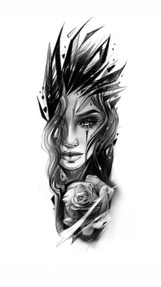 a black and white drawing of a woman's face with flowers in her hair