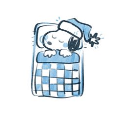 a blue and white drawing of a dog sleeping on a bed with headphones in his ears