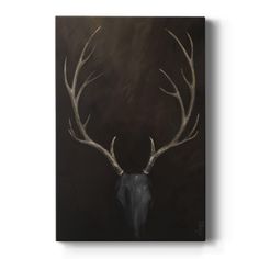 a painting of a deer's head with large antlers on it, against a dark background