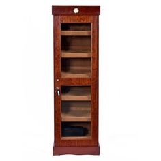 a wooden bookcase with glass doors on the front and bottom shelves in dark wood