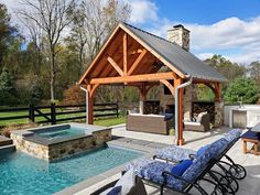 an outdoor living area with a pool and hot tub