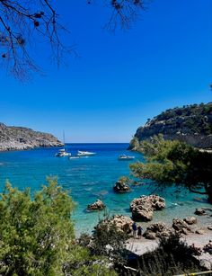 people are swimming in the clear blue water near some trees and boats on the water