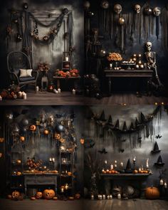 halloween decorations are arranged on the wall in this dark room