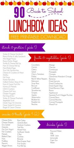 the back to school lunchbox ideas list is shown in purple, orange and yellow