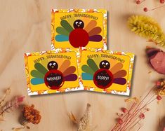 three thanksgiving cards with a turkey on them