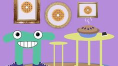 a cartoon character sitting at a table with a cupcake in front of him and another person standing next to it