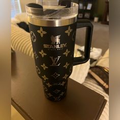 Stanley Black Louis Vuitton Tumbler 32oz Black Stanley Cup Aesthetic, Louis Vuitton Tumbler, Stanley Cup Charcoal, Matte Black Lv Tumbler, Gold Black Tumbler, Black Louis Vuitton, Black Silver, Tumbler, Louis Vuitton