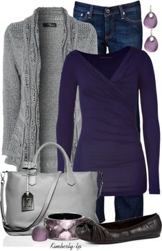 Purple is one of my all time favorite colors!!! Purple And Grey Outfits For Women, Purple Comfort, Winter Typ, Easy Work, Nice Colors, Purple Outfits, Gray Cardigan, Grey Outfit, Purple Top