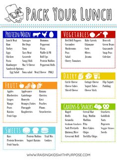 a printable lunch menu with the words, pack your lunch on it and an image of