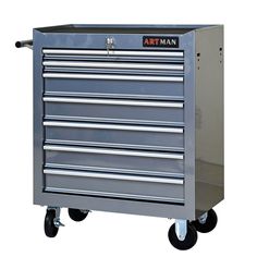 a metal toolbox with six drawers on wheels