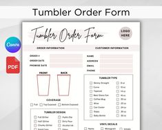 a printable tumbler order form with the text tumbler order form on it