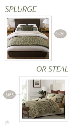 2 almost identical bedding options, one in olive green prices everything separately at a total of $428 and a more budget friendly bedding set for as little as $185 Splurge Vs Steal, Reversible Quilt, Bedroom Inspo, Look Alike, Cozy Bedroom, Bed Design, Home Decor Inspiration, Pottery Barn, Budget Friendly