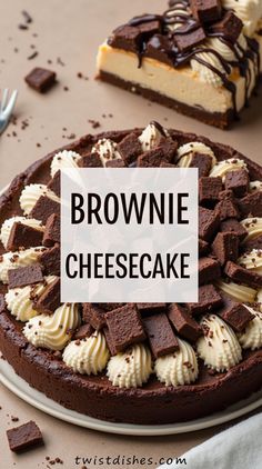 brownie cheesecake on a plate with chocolate chips