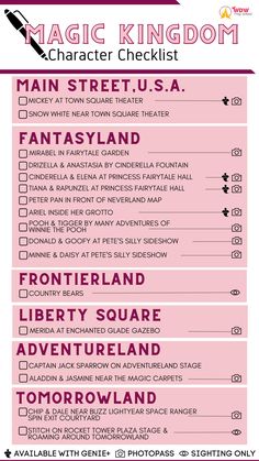 the magic kingdom character checklist is shown in pink and black, with an arrow pointing to