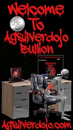 a computer desk with a skeleton on it and the words welcome to agriverdo billion