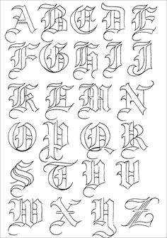 an old english alphabet with the letters and numbers drawn in black ink on white paper