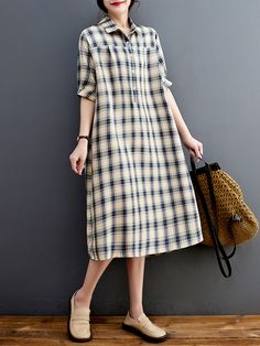 Half Sleeves Loose Plaid Lapel Midi Dresses BLUE-M Nigeria Dress, Leisure Fashion, Check Dress, Leisure Activities, Fashion Seasons, Blue Midi Dress, One Piece Swimwear, Midi Dresses, Cotton Style